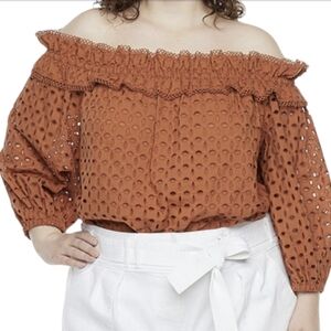 Ryegrass Ladies Sierra Brown Eyelet Lace Off Shoulder Peasant Blouse